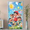 A colorful decorative banner featuring cartoon children and balloons in a bright outdoor setting.
