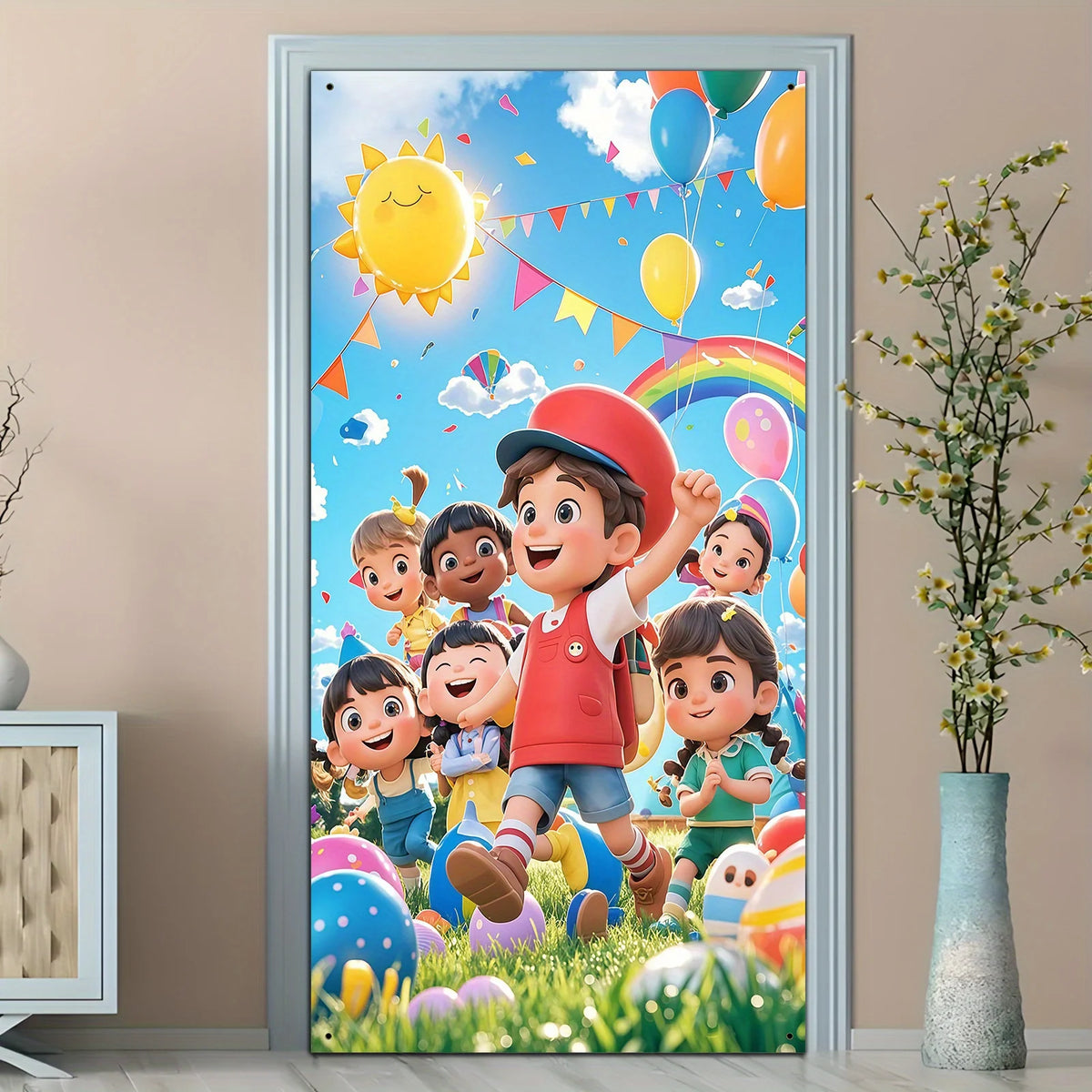 A colorful decorative banner featuring cartoon children and balloons in a bright outdoor setting.