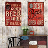 A rustic wall display featuring two vintage red metal signs advertising good beer and open ones.