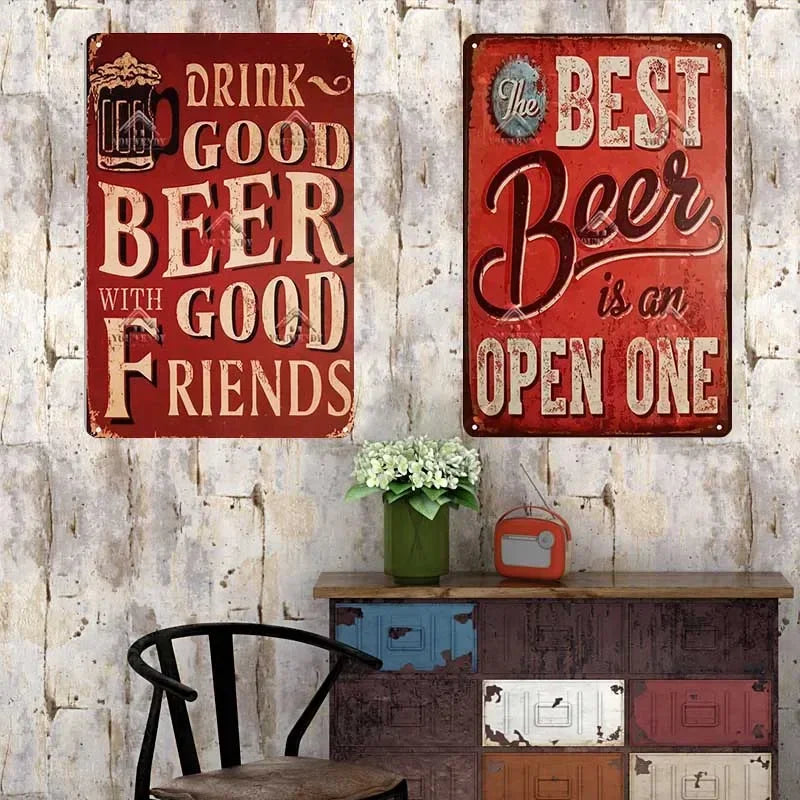 A rustic wall display featuring two vintage red metal signs advertising good beer and open ones.