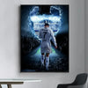 Canvas wall art featuring a dark, dramatic image of a football player in a white jersey and shorts against a bright blue back