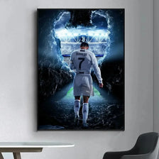 Canvas wall art featuring a dark, dramatic image of a football player in a white jersey and shorts against a bright blue back