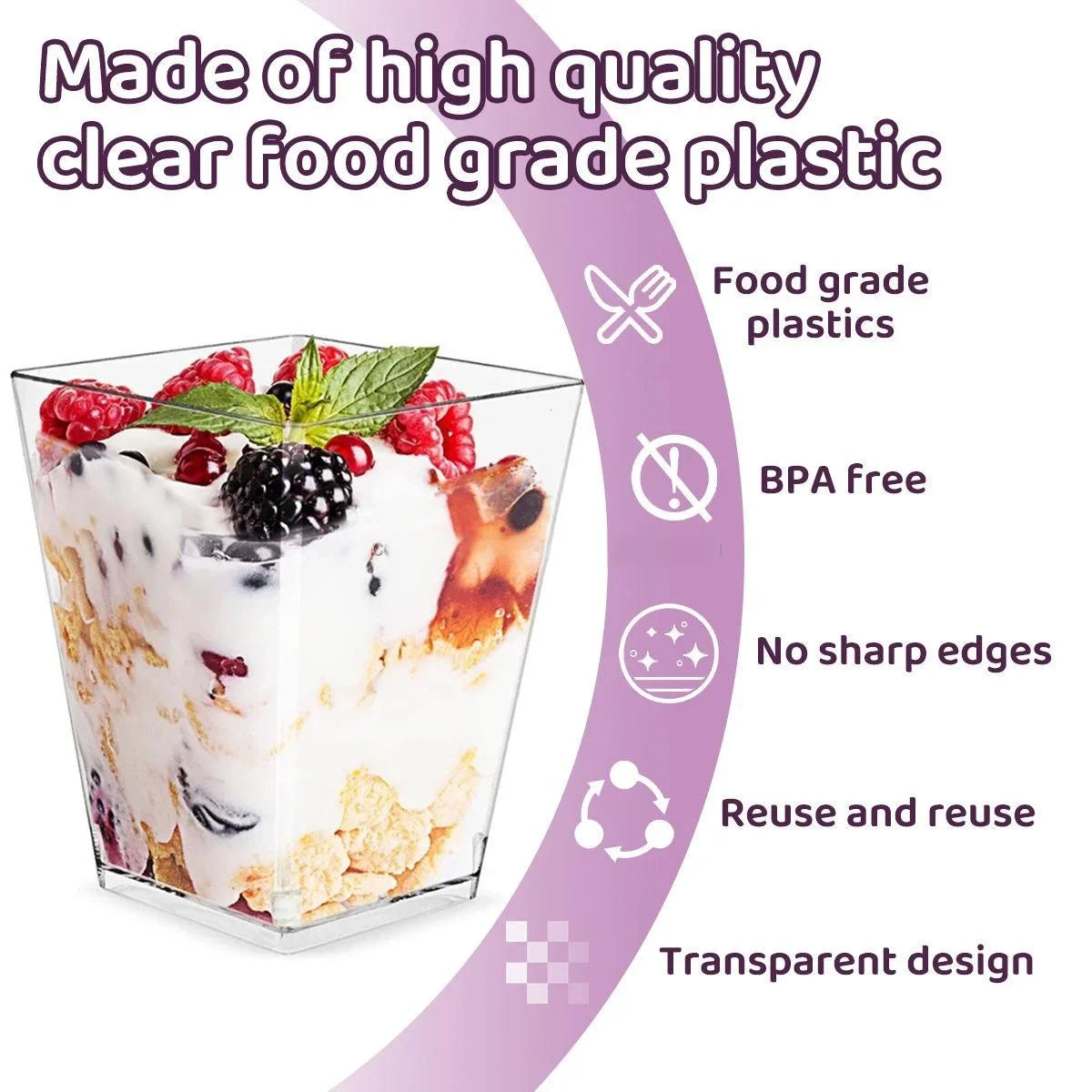 Clear plastic dessert cups with spoons for food grade use, featuring BPA-free and sharp-edge-free design.