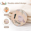 A wooden baby milestone card showing the number 1 and the word year with a cute panda illustration.