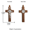 A wooden crucifix pendant showing the front and back sides of a St. Benedict cross with a figure of Christ.