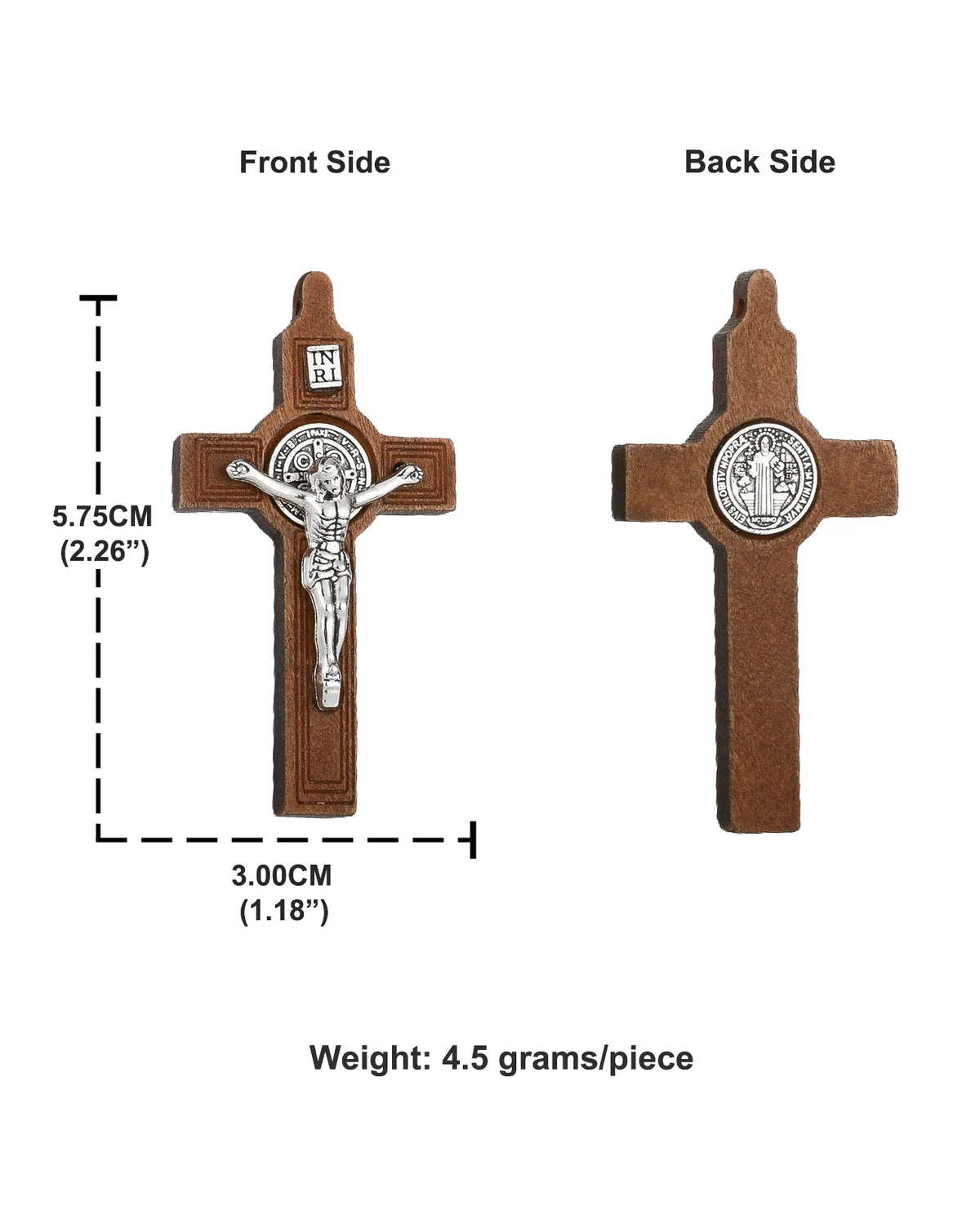A wooden crucifix pendant showing the front and back sides of a St. Benedict cross with a figure of Christ.