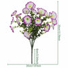 Artificial pansy flower bouquet with eucalyptus stems displayed vertically.