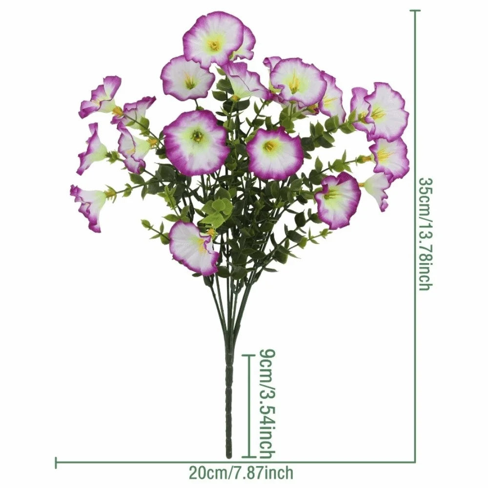 Artificial pansy flower bouquet with eucalyptus stems displayed vertically.