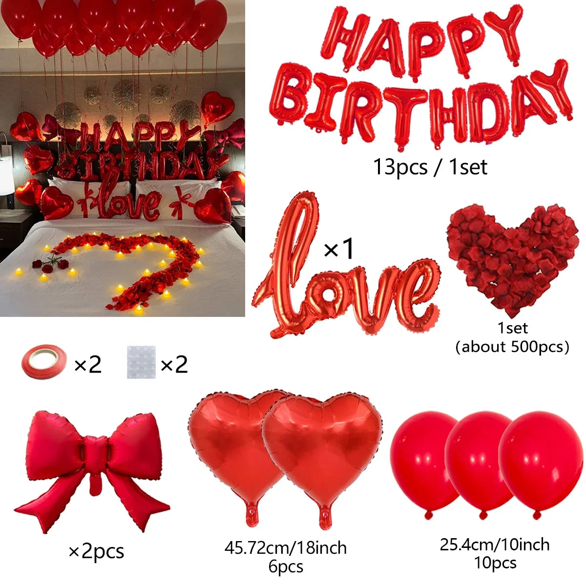 Red foil birthday balloon set featuring heart shapes and bow accents