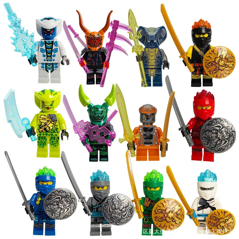 A collection of various Golden Ninja building block figures in different colors and poses.