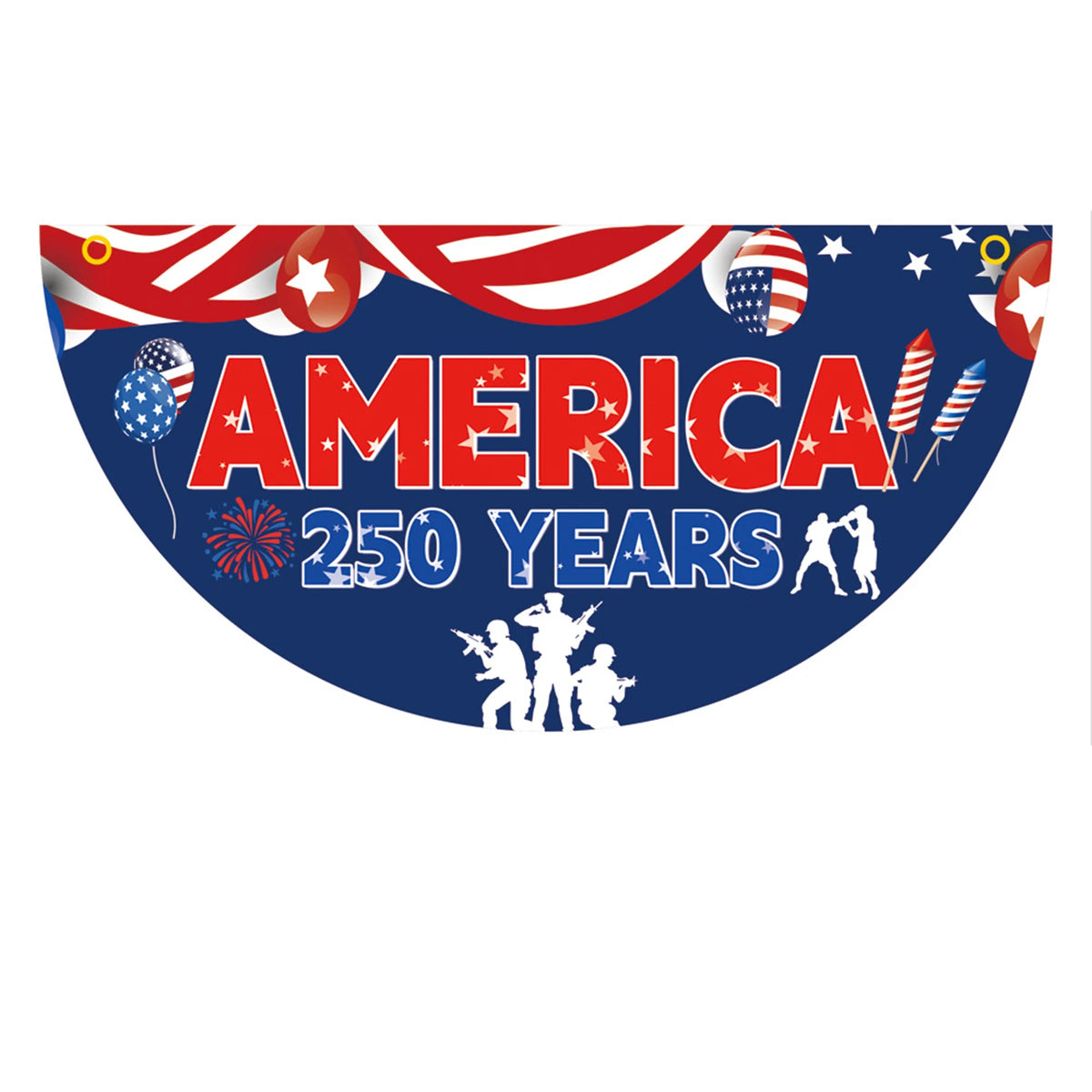 A patriotic banner design featuring the word AMERICA and '250 YEARS' with American flags and stars.