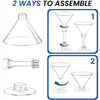 Instructions showing two ways to assemble clear plastic martini glasses with stems.