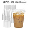A set of 20 disposable plastic cups and lids is shown next to a glass filled with iced coffee.
