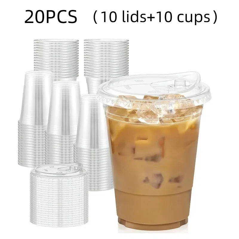 A set of 20 disposable plastic cups and lids is shown next to a glass filled with iced coffee.