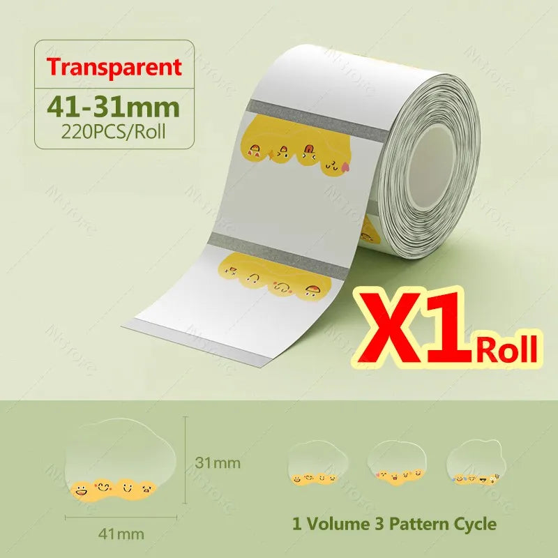 Roll of transparent thermal label paper with yellow smiley face patterns for mini label printers