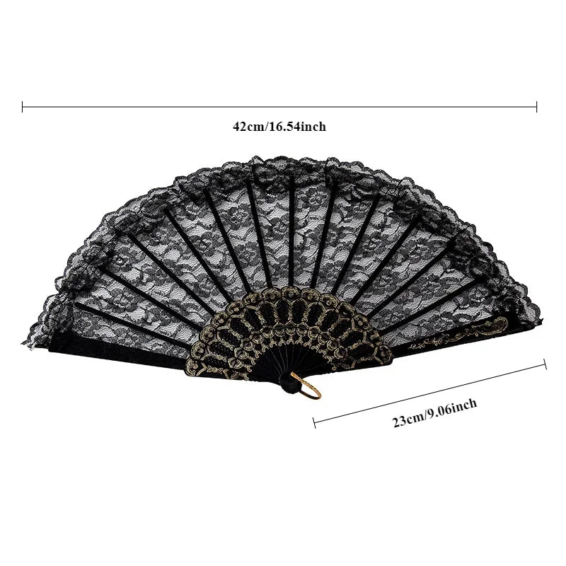 Black and white vintage lace folding fan with a decorative edge.