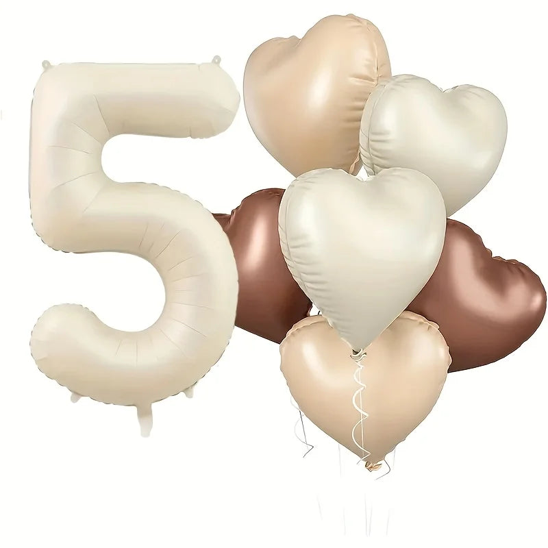 Milky White Heart-Shaped Foil Number Balloons (Set of 7)