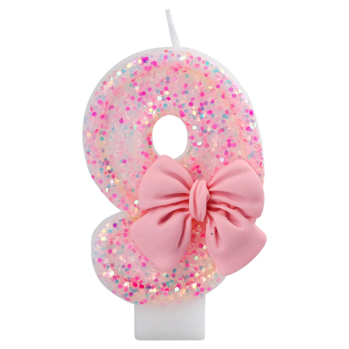 Glitter number cake candle with a pink bow shaped like the number 8 for birthday or anniversary