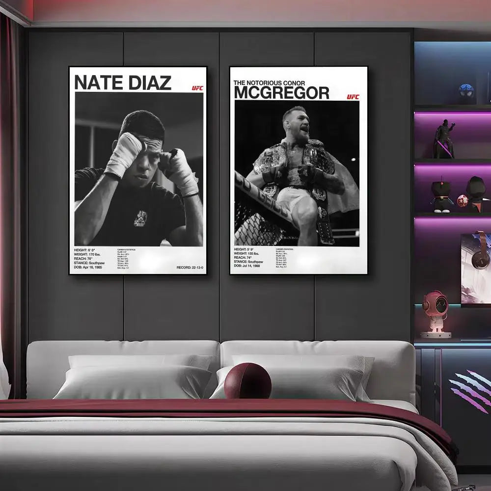 Canvas-Wandkunst mit Porträts von Nate Diaz und McGregor in UFC-Kampfkleidung