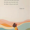 A watercolor painting depicting a silhouette looking up towards rolling hills under a soft sky, featuring Psalm 121 text.