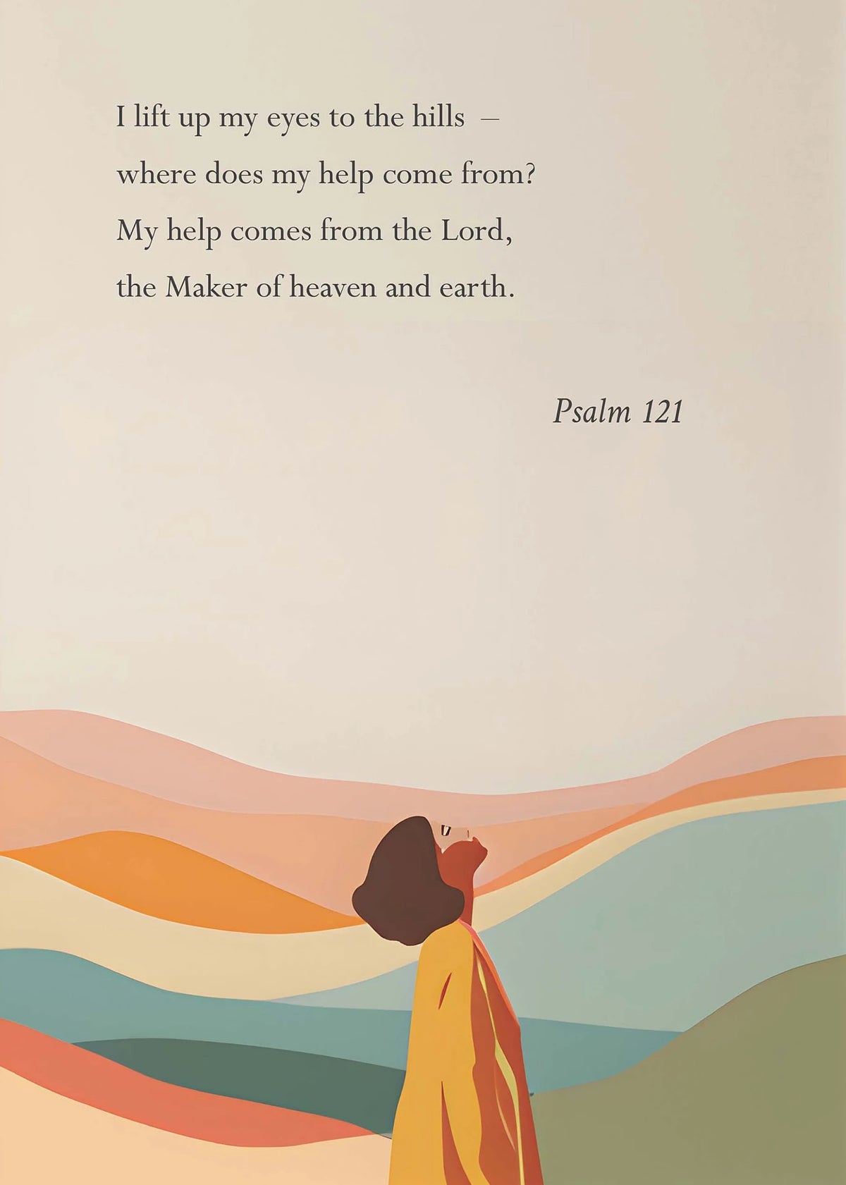A watercolor painting depicting a silhouette looking up towards rolling hills under a soft sky, featuring Psalm 121 text.