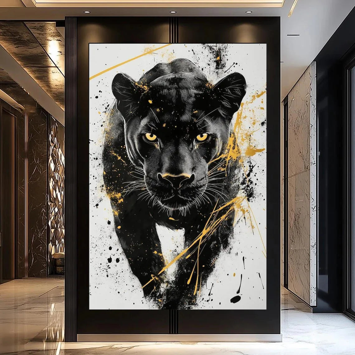 Black Panther wall art canvas print featuring a black panther head with gold abstract splatter design.