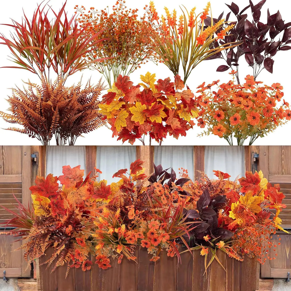 Künstlicher Blumenkranz-Set mit leuchtend orange, rot und gelbem Laub.