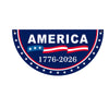 A dark blue oval banner with the word AMERICA in white and a red and white stripe banner below, surrounded by stars.