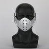 A black mannequin head wearing a silver face mask resembling Midoriya Izuku Cosplay Mask