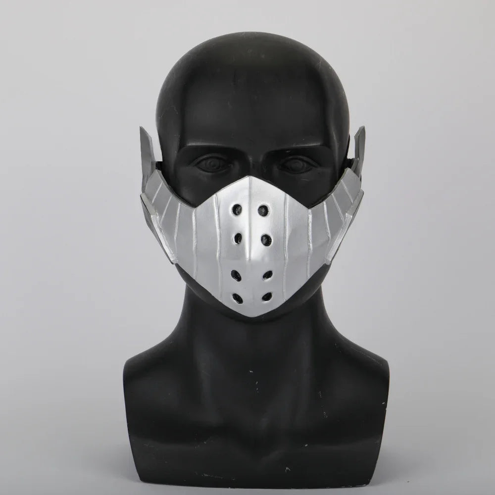 A black mannequin head wearing a silver face mask resembling Midoriya Izuku Cosplay Mask