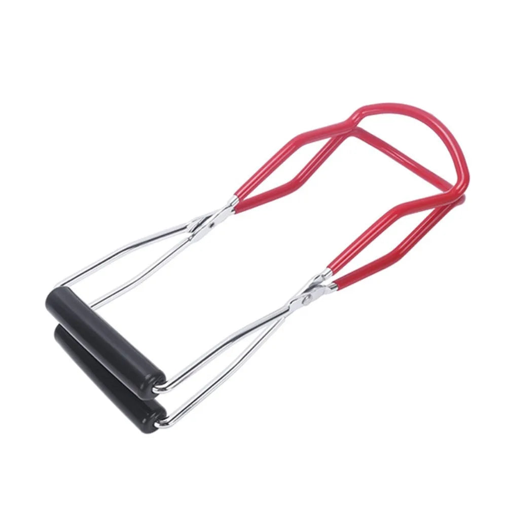 Stainless steel canning jar lifter with a red handle and non-slip grip.
