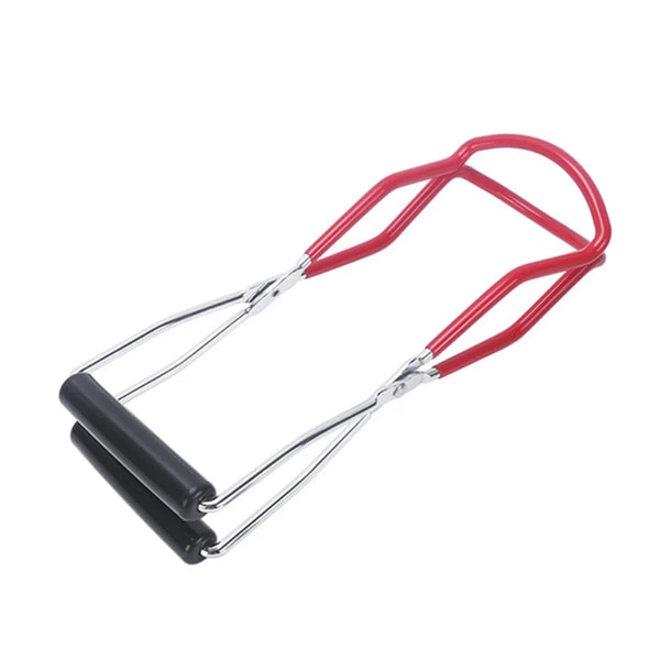 Stainless steel canning jar lifter with a red handle and non-slip grip.