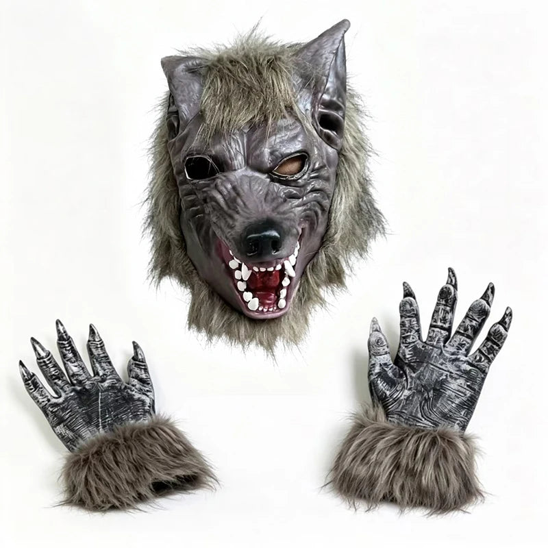 Realistic werewolf full head mask with gray fur and fierce facial features