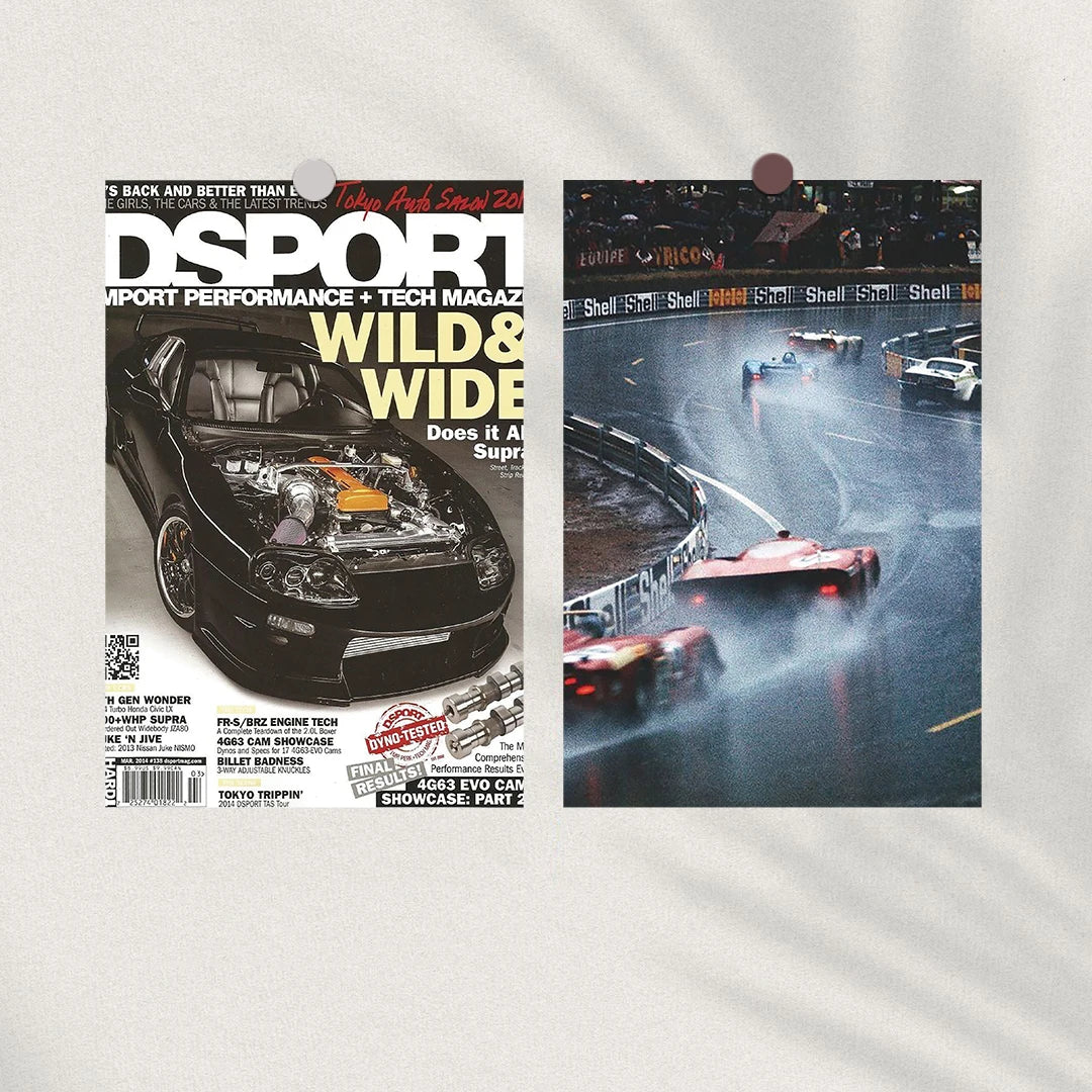 Magazine cover featuring a sports car and racing theme for wall decor.