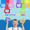 A child is holding a colorful set of six mini magnetic drawing boards with keychains.