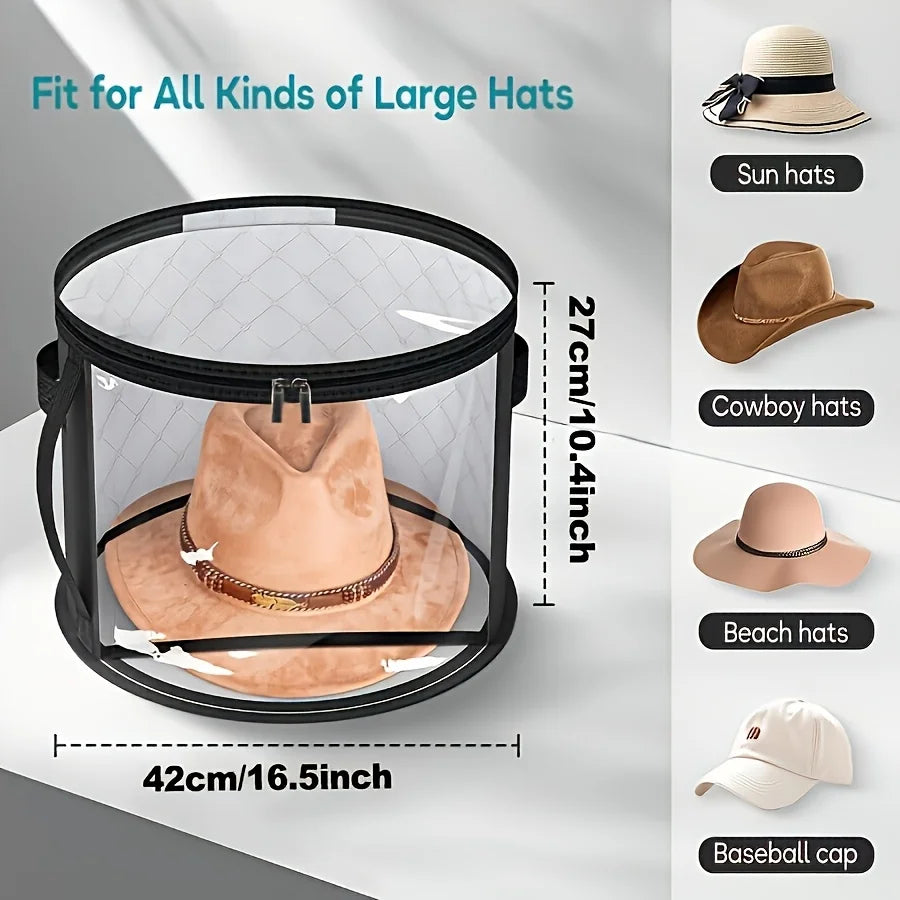 A clear storage box for large hats, showing various types including sun hats, cowboy hats, beach hats, and a baseball cap.