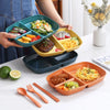 A set of colorful, multi-compartment portion control plates and utensils for balanced meals.