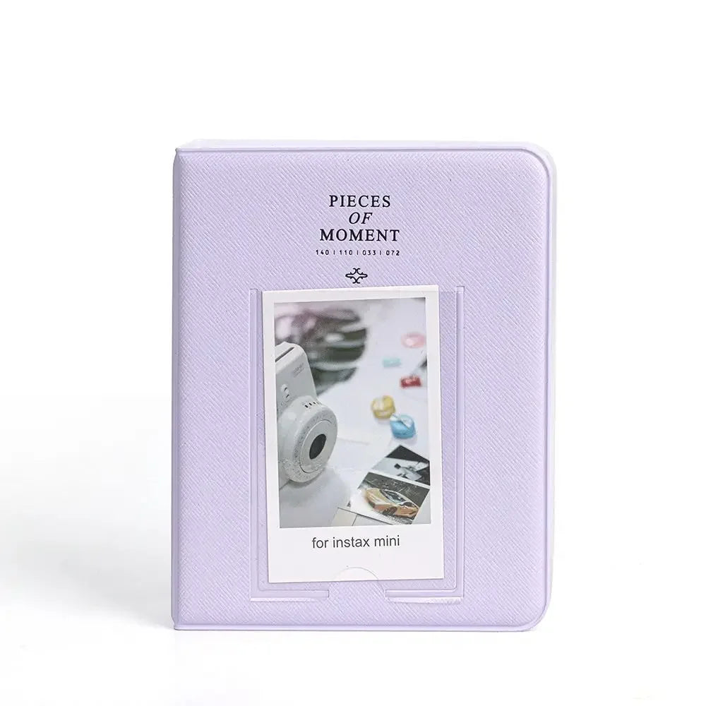 A lavender protective case for an Instax mini camera, featuring the brand name Pieces of Moment.