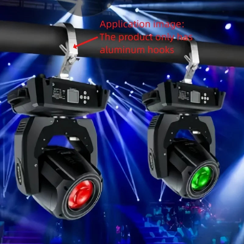 Two stage lighting fixtures suspended by aluminum C-clamp hooks against a blue background.