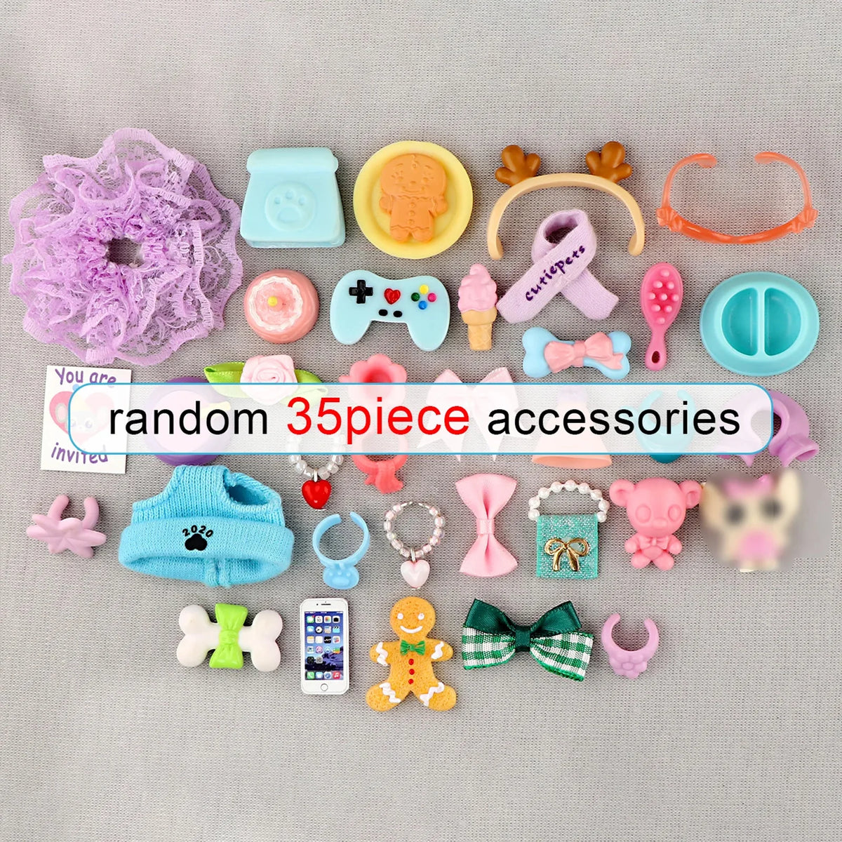 A variety pack of 35 mini pet shop accessories including silicone toys, jewelry, and small items on a gray background.