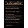 A black canvas print with gold text titled The Wolf Of Wall Street 8 Rules To Success