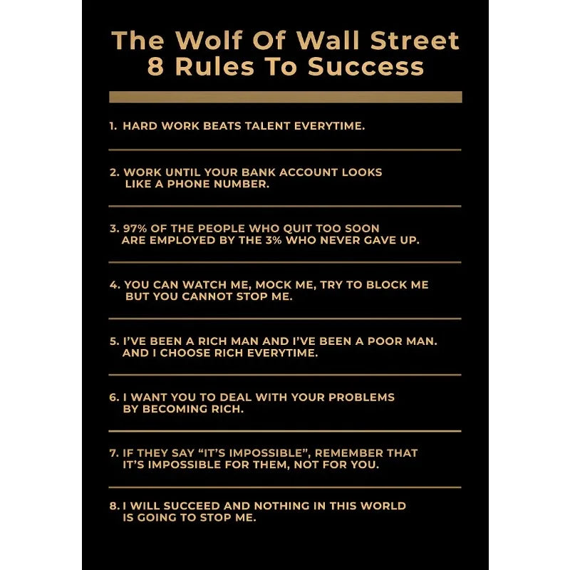 A black canvas print with gold text titled The Wolf Of Wall Street 8 Rules To Success
