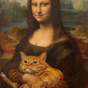 Pintura de una mujer con cabello castaño largo sosteniendo un gato atigrado naranja.