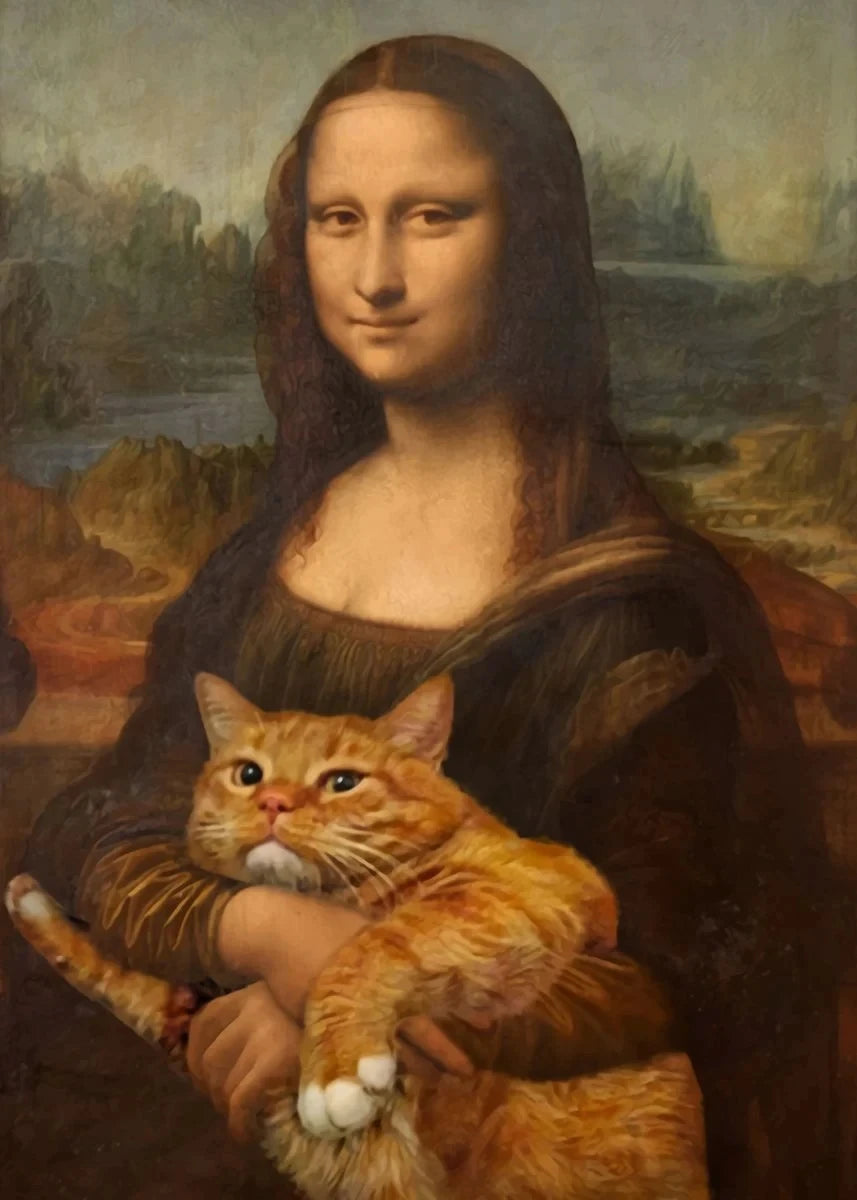 Pintura de una mujer con cabello castaño largo sosteniendo un gato atigrado naranja.