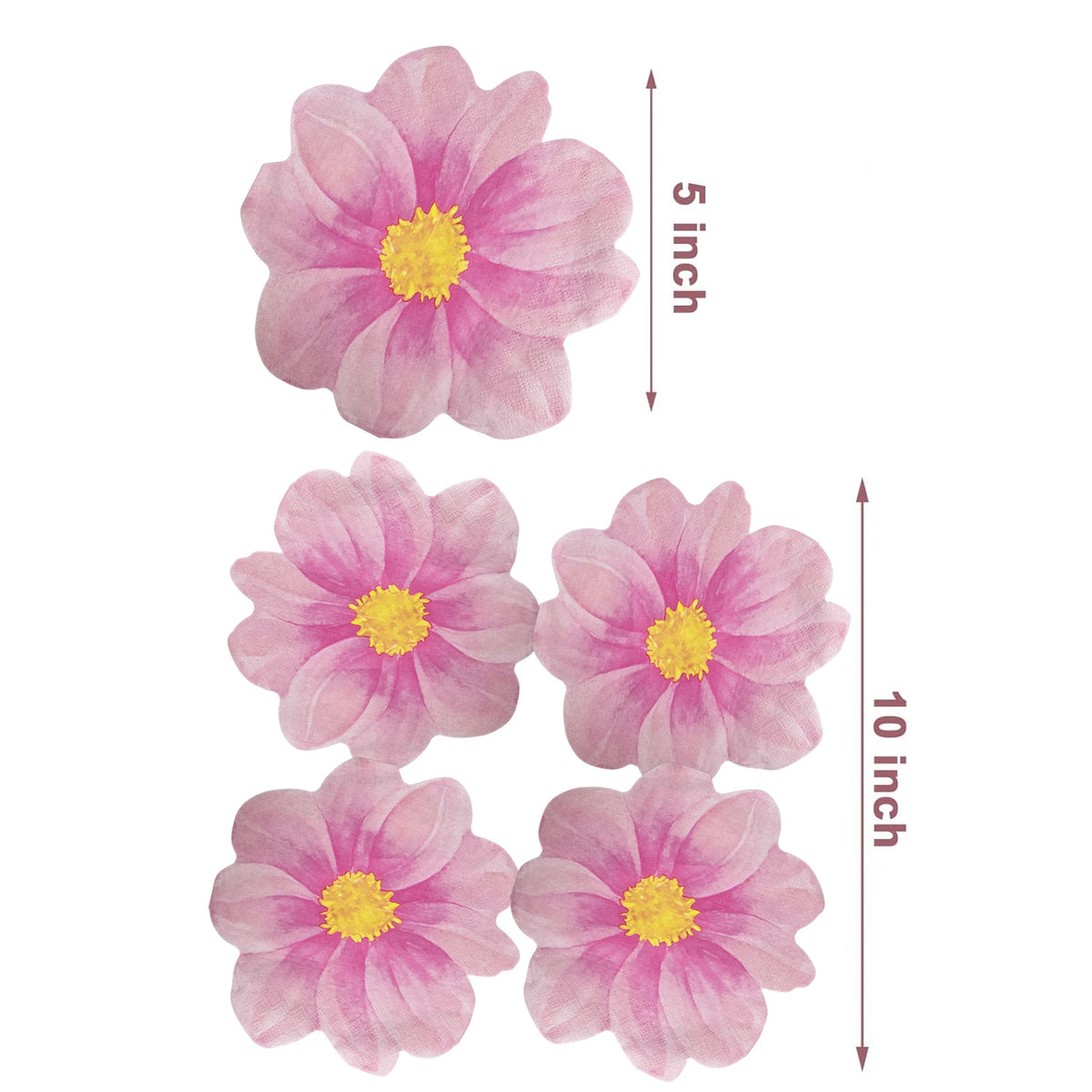 Two pink daisy flower napkins, one 5 inches tall and one 10 inches tall.