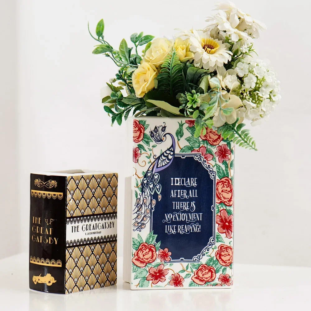 Hand-Painted Ceramic Book Vase with Blooming Flowers