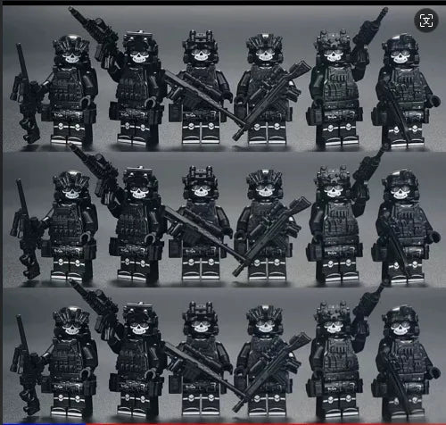 A collection of miniature figures representing Delta Squad soldiers built from building blocks.