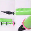 A set of handheld balloon air pumps in green and pink colors shown from various angles.