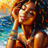 A portrait of an African American woman with dreadlocks and gold jewelry, looking up peacefully.