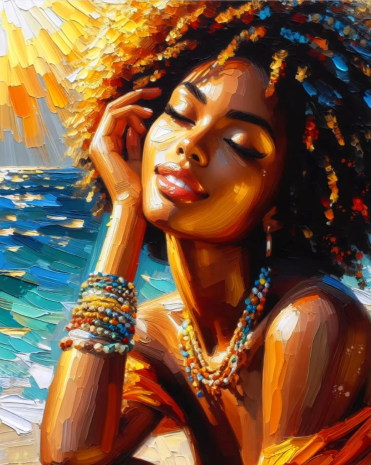 A portrait of an African American woman with dreadlocks and gold jewelry, looking up peacefully.